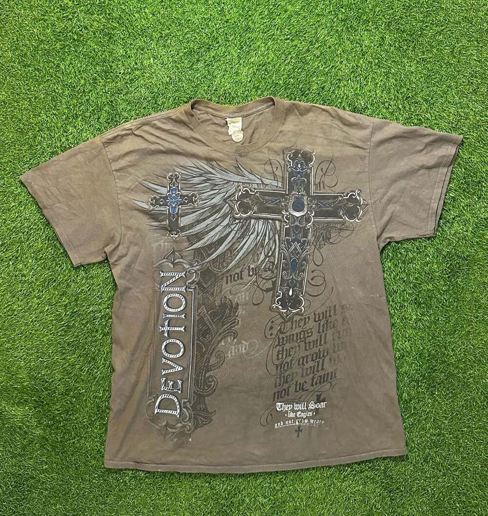 Vintage Y2K Devotion Cross Wing Grunge Cyber Graphic T-Shirt